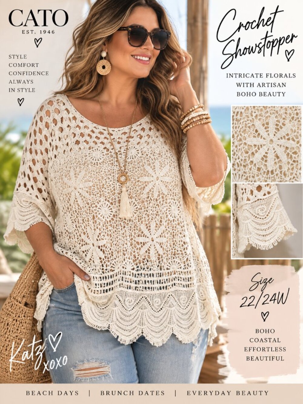 Cato Crochet Lace Top 22/24W 3X Ivory Floral Boho Scallop Plus Size Sheer Blouse